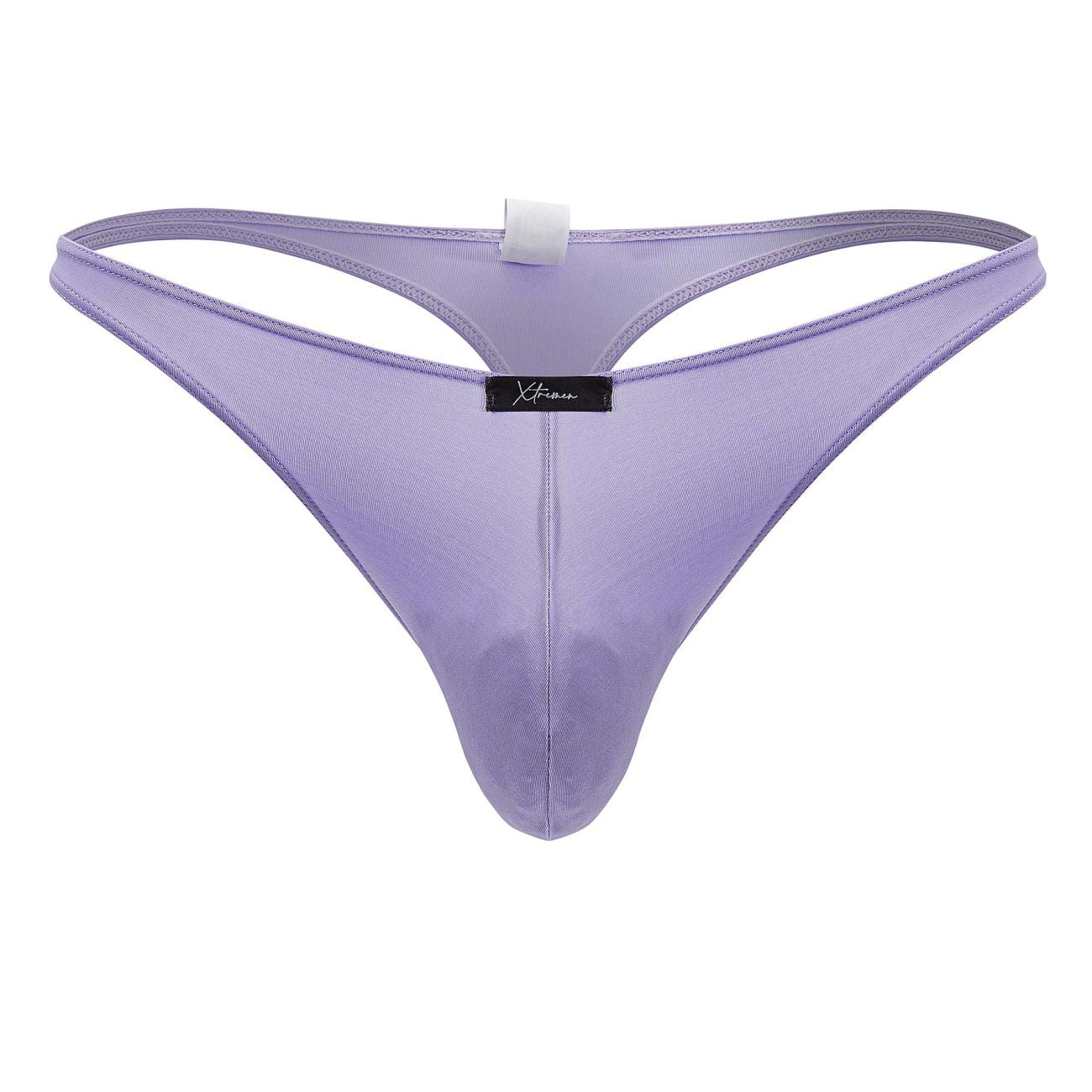 Lavender-colored sheer mesh microfiber thong with black Xtremen brand tag at center in lilac color
