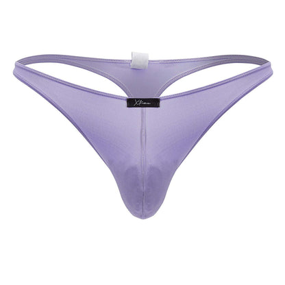 Lavender-colored sheer mesh microfiber thong with black Xtremen brand tag at center in lilac color