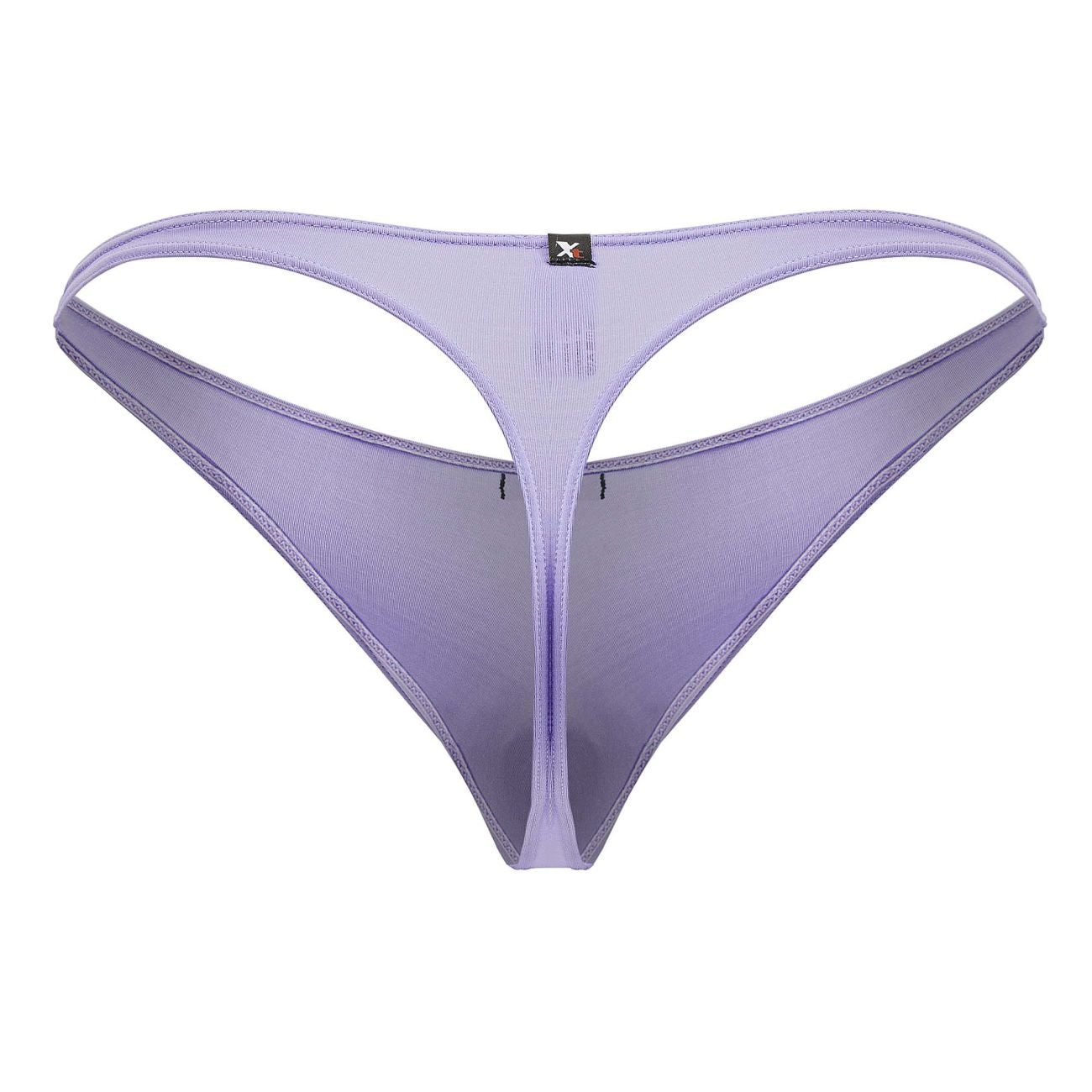 Lavender sheer mesh thong in lilac microfiber with thin design and small black Xtremen brand tag shown from the back