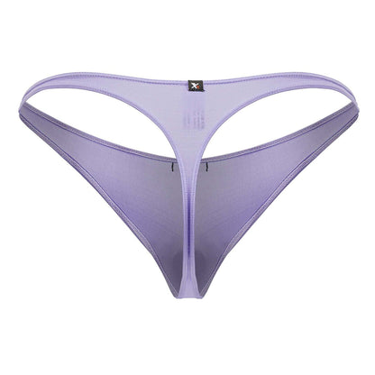 Lavender sheer mesh thong in lilac microfiber with thin design and small black Xtremen brand tag shown from the back