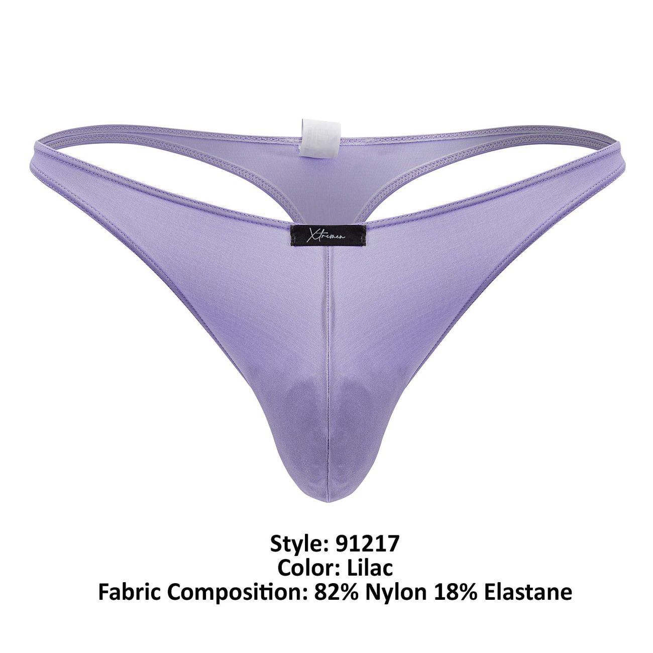Lilac-colored sheer nylon and elastane Xtremen 91217 microfiber thong with black brand tag visible on front side