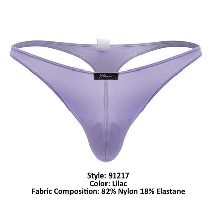 Lilac-colored sheer nylon and elastane Xtremen 91217 microfiber thong with black brand tag visible on front side