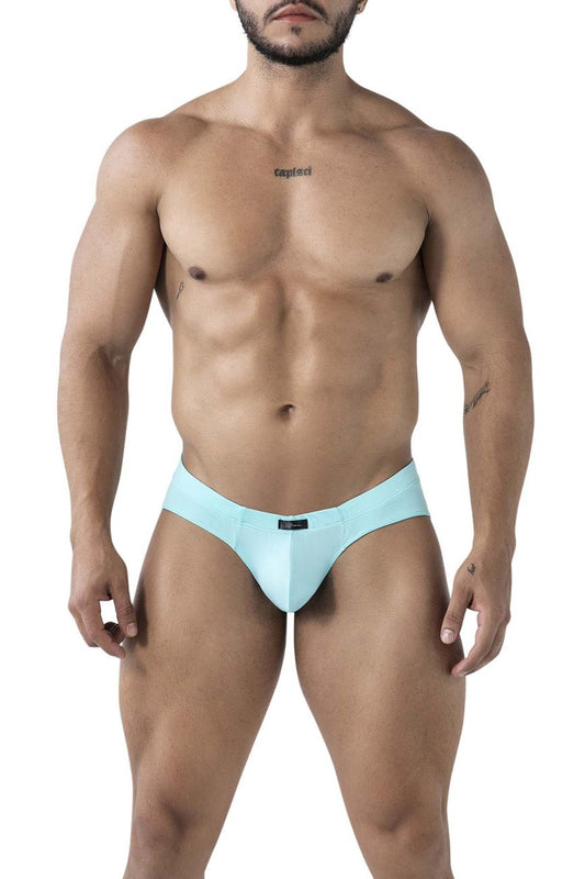 Light blue xtremen 91218 microfiber men’s briefs with smooth texture and subtle waistband brand tag color seawater