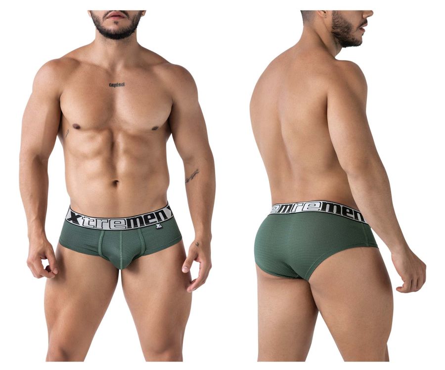 Olive green microfiber men’s briefs with black and white xtreme men waistband in xtremen 91221 model