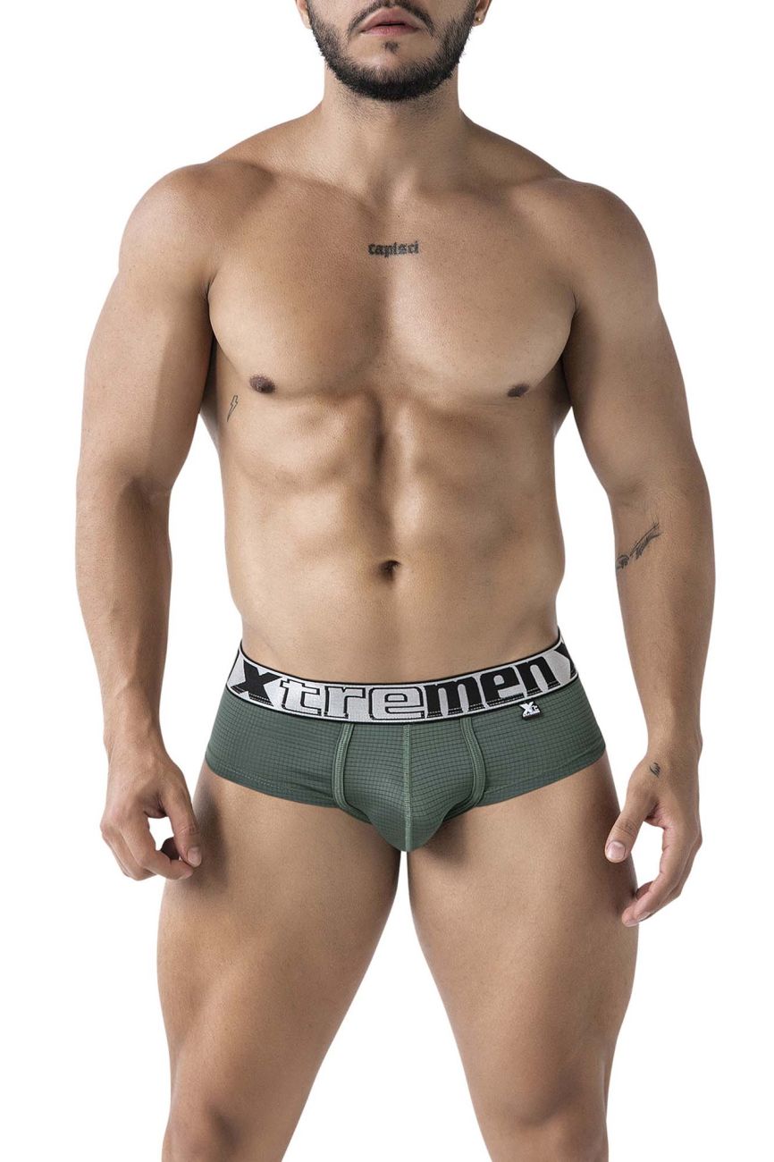 Olive green xtremen 91221 microfiber men briefs with white elastic waistband featuring brand logo