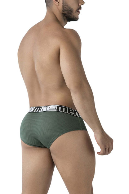 Olive green xtremen 91221 microfiber men’s briefs with textured fabric and black white branded waistband front view