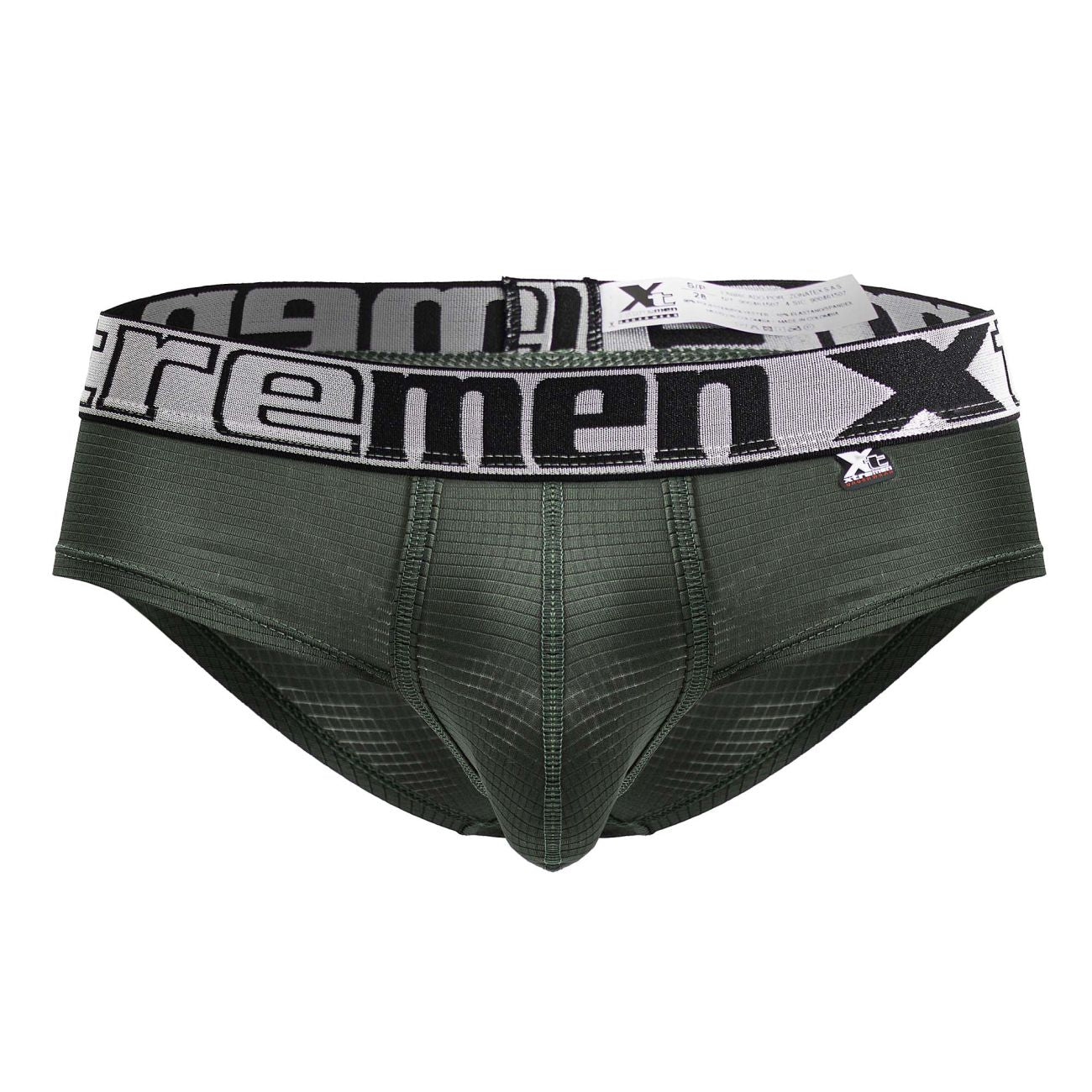 Dark green xtremen 91221 microfiber men’s briefs with black and white elastic waistband featuring xtreme logo