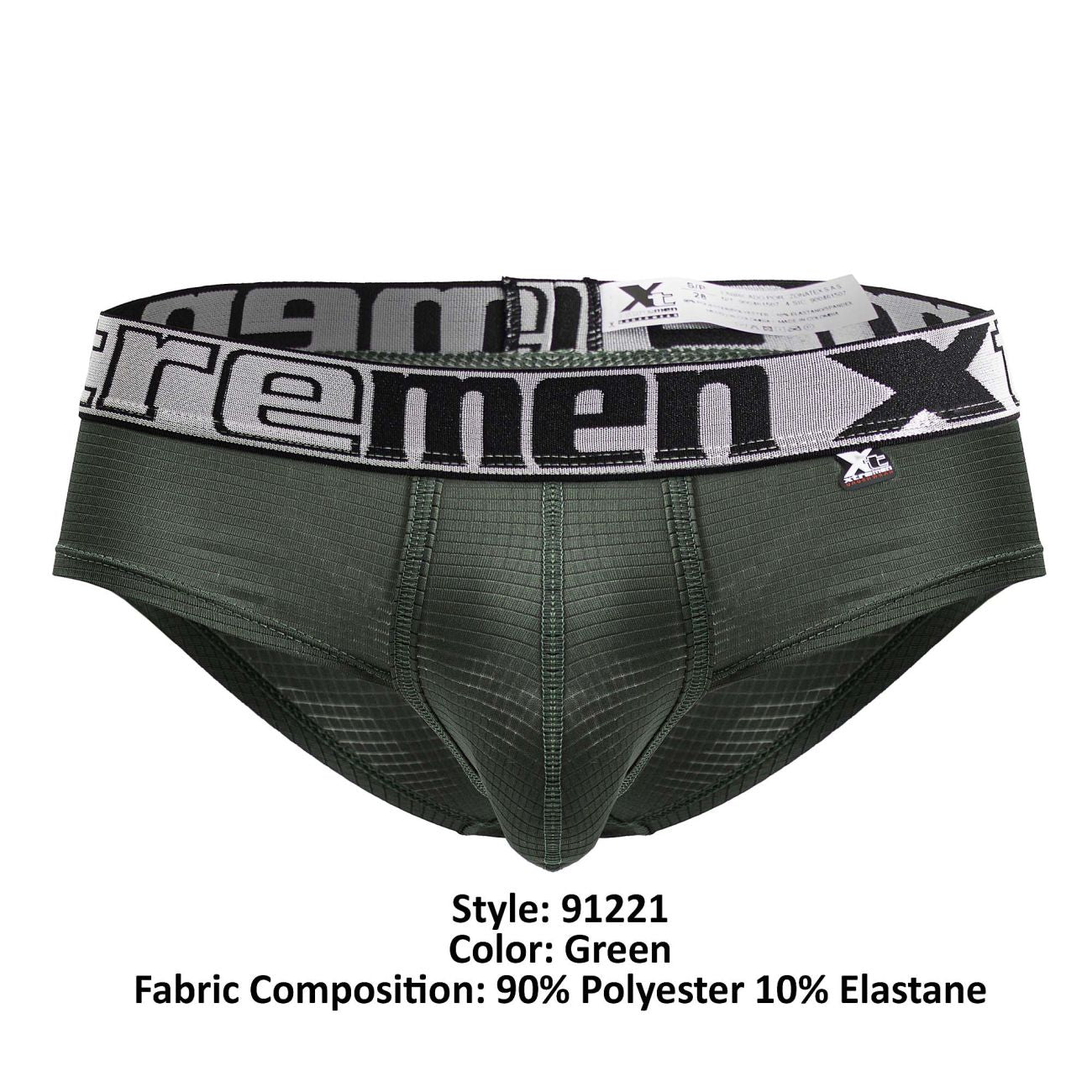 Dark green xtremen 91221 microfiber men’s briefs with black and white elastic waistband featuring xtremen logo