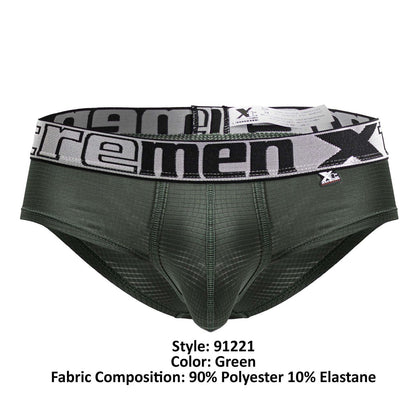 Dark green xtremen 91221 microfiber men’s briefs with black and white elastic waistband featuring xtremen logo