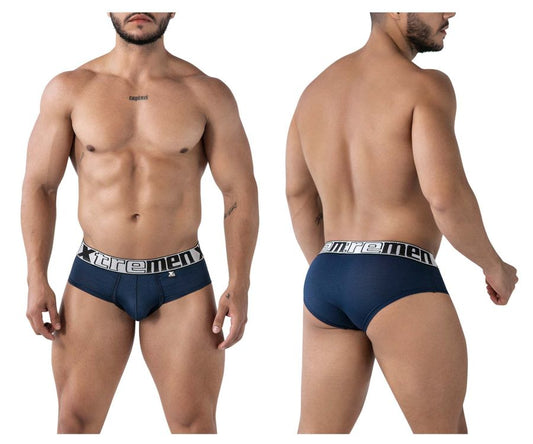 Navy xtremen 91221 microfiber briefs for men with a black and white branded waistband front view