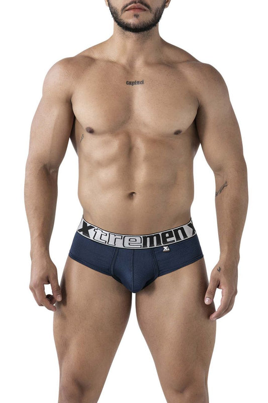 Navy xtremen 91221 microfiber briefs with white elastic waistband branded in bold black lettering front view