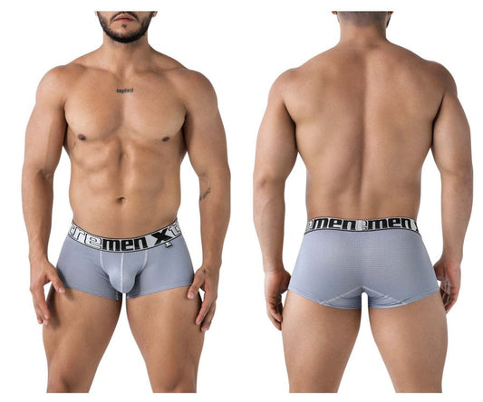 Gray xtremen 91222 microfiber trunks with black elastic waistband and extreme men logo in white lettering