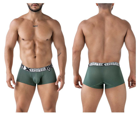 Dark green xtremen 91222 microfiber boxer briefs with textured fabric and white xtreme logo waistband in front view
