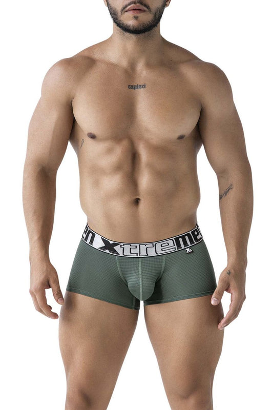 Olive green xtremen 91222 microfiber men’s boxer briefs with white elastic waistband and black xtreme logo