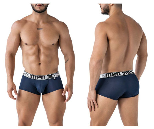 Navy xtremen 91222 microfiber trunks with white elastic waistband featuring premen xt logo in black lettering