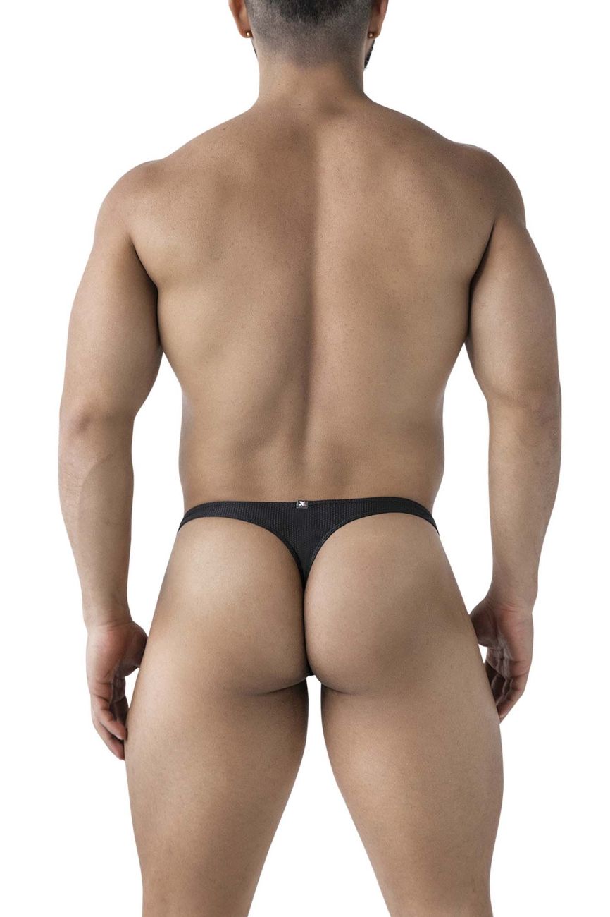 Black xtremen 91223 microfiber thong featuring ribbed texture and small logo on waistband front side
