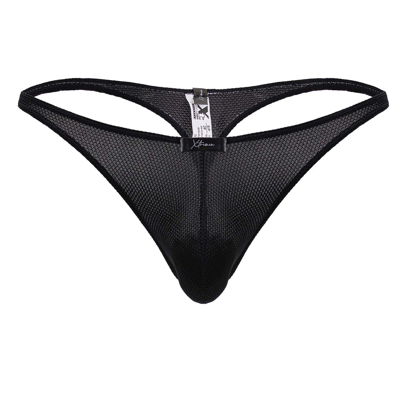 Black mesh xtremen 91223 microfiber thong showing the back with sleek form-fitting design and branded tag