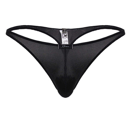 Black mesh xtremen 91223 microfiber thong showing the back with sleek form-fitting design and branded tag