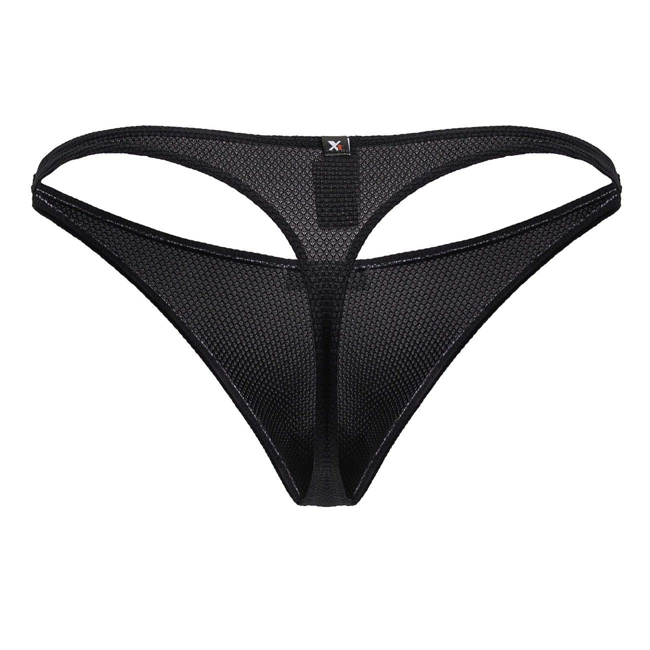 Black xtremen 91223 microfiber thong with subtle textured mesh and reinforced elastic bands showing front side