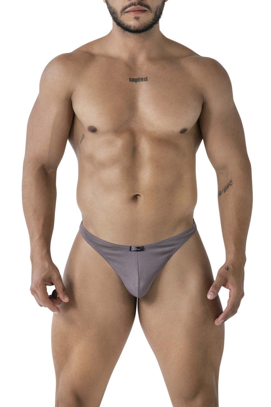 Xtremen 91223 microfiber thongs in gray with a subtle textured design and gray patterned men’s briefs shown from the back