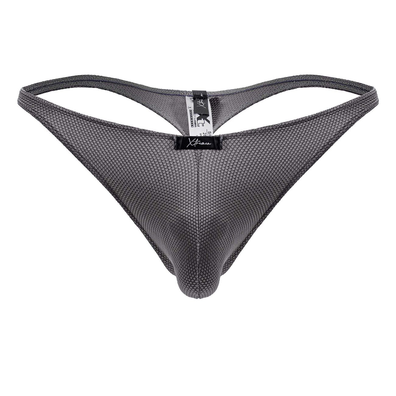 Gray xtremen 91223 microfiber thong with breathable mesh fabric and black brand tag at the center front