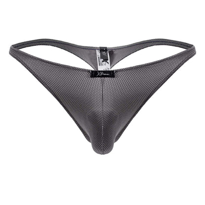 Gray xtremen 91223 microfiber thong with breathable mesh fabric and black brand tag at the center front