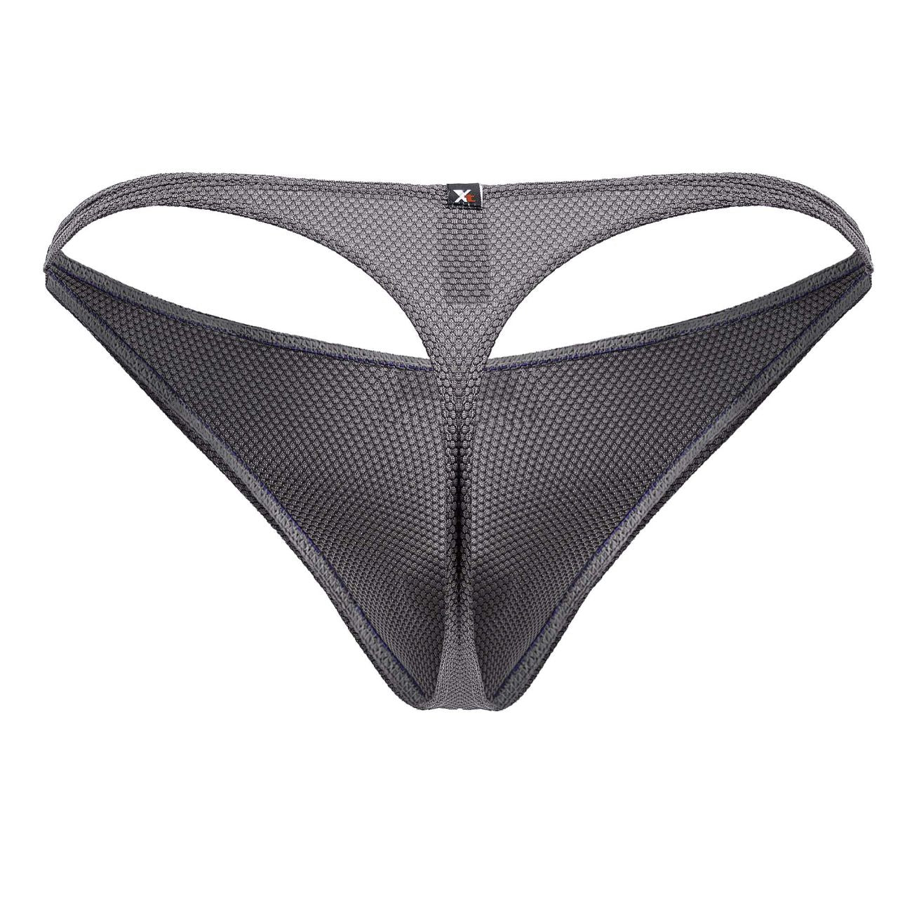 Dark gray Xtremen 91223 microfiber mesh thong with subtle textured pattern and black logo tag on waistband front