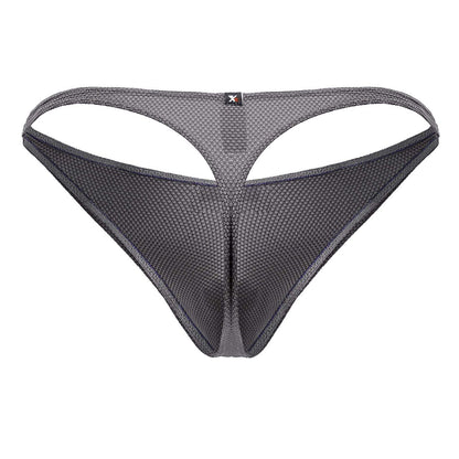 Dark gray Xtremen 91223 microfiber mesh thong with subtle textured pattern and black logo tag on waistband front