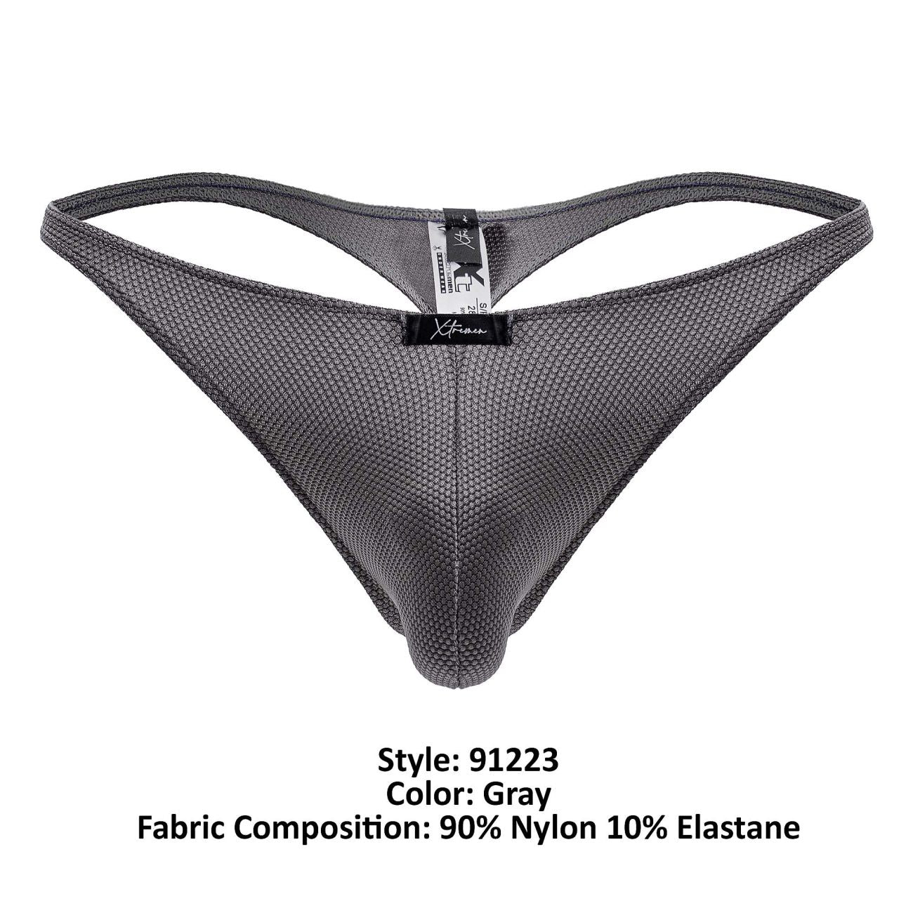Gray xtremen 91223 microfiber thong with subtle textured mesh pattern and reinforced waistband featuring xtreme label