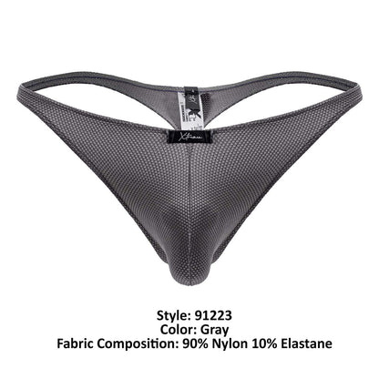 Gray xtremen 91223 microfiber thong with subtle textured mesh pattern and reinforced waistband featuring xtreme label