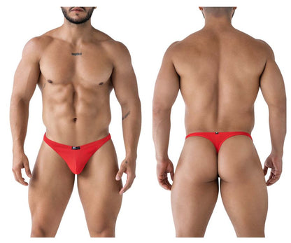 Red xtremen 91223 microfiber thong featuring mesh fabric and a small black logo on the front