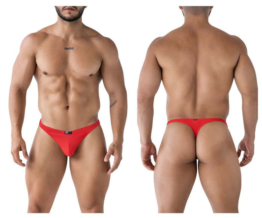 Red xtremen 91223 microfiber thong featuring mesh fabric and a small black logo on the front