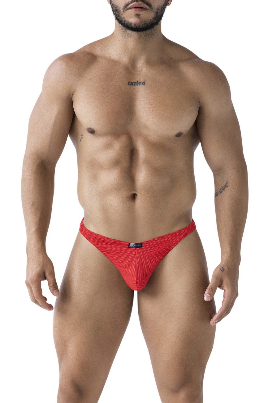 Red Xtremen 91223 microfiber thongs with mesh fabric and a black brand tag on the waistband