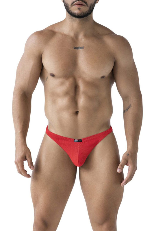 Red Xtremen 91223 microfiber thongs with mesh fabric and a black brand tag on the waistband