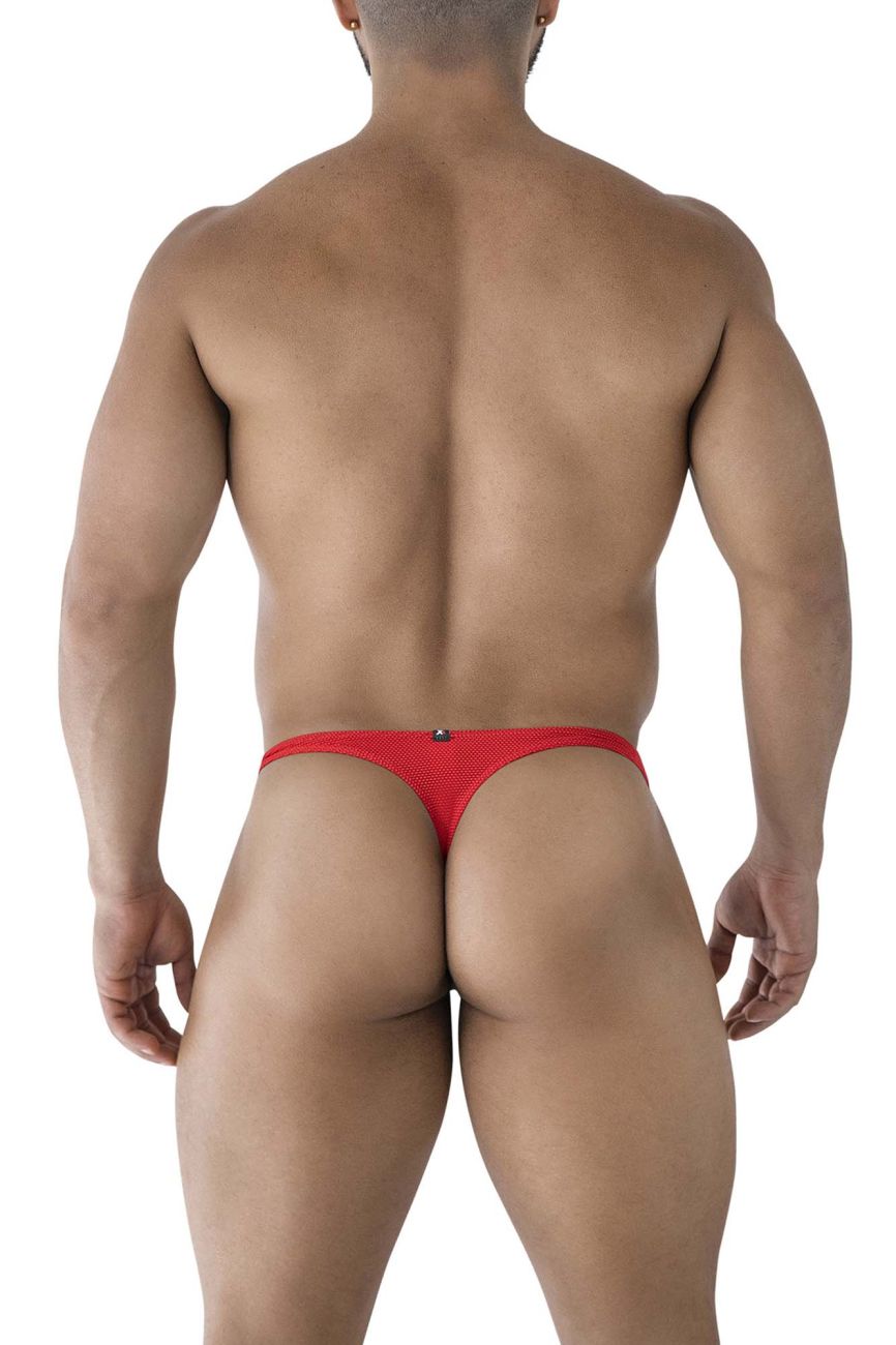 Back view of xtremen 91223 red microfiber thong with red mesh and small metallic clasp at the back