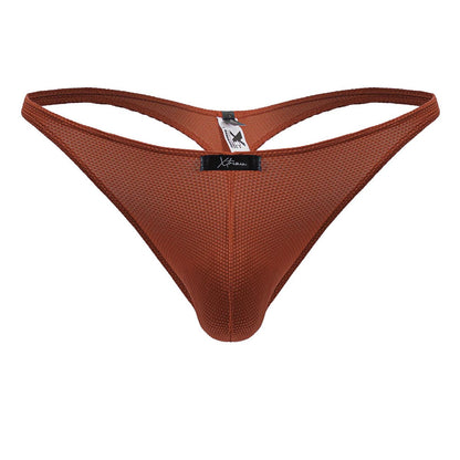 Brown textured mesh microfiber thong with black xtreme brand tag shown from the back in the color red
