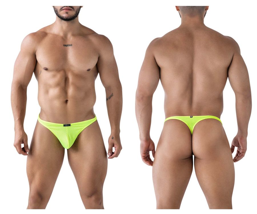 Bright neon yellow Xtremen 91226 microfiber thong with mesh fabric and small black brand tag at the front