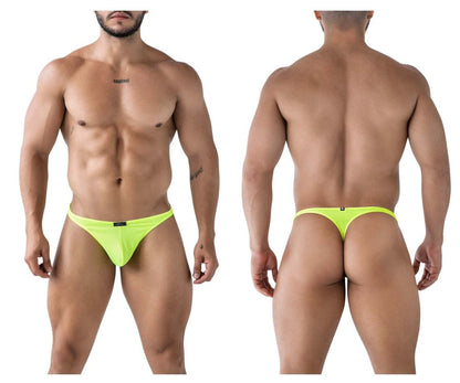 Bright neon yellow Xtremen 91226 microfiber thong with mesh fabric and small black brand tag at the front