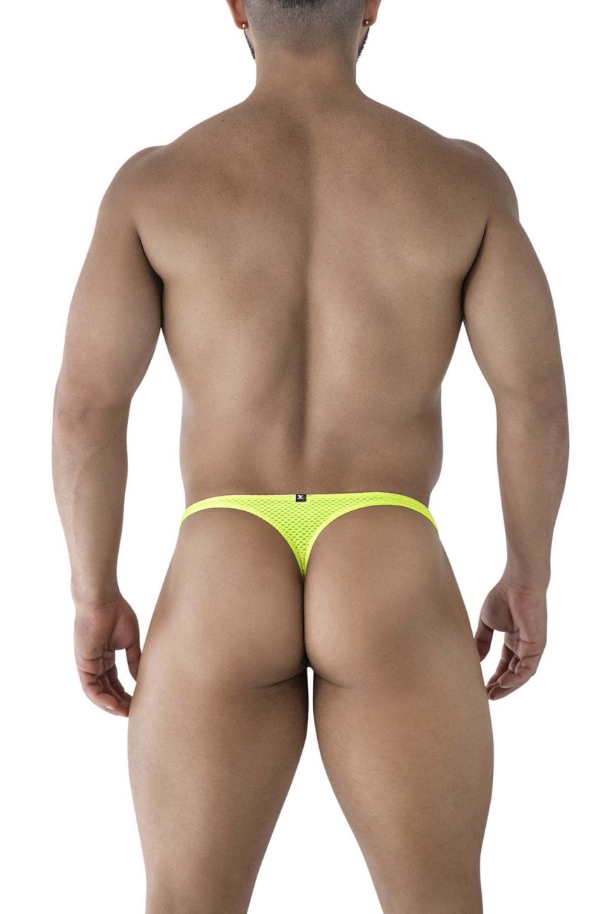 Bright neon yellow Xtremen 91226 microfiber mesh thong with subtle black logo on the backband shown from the back side