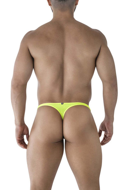 Bright neon yellow Xtremen 91226 microfiber mesh thong with subtle black logo on the backband shown from the back side