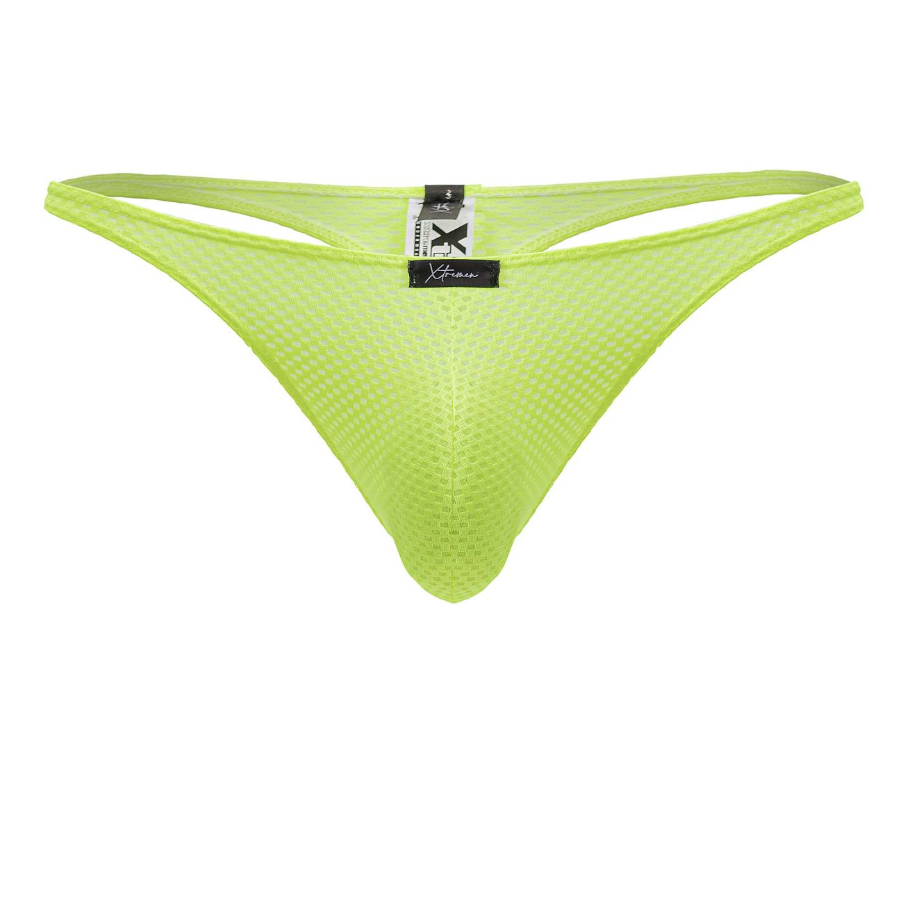 Bright neon green microfiber mesh thong with a black Xtremen brand tag shown from the back side