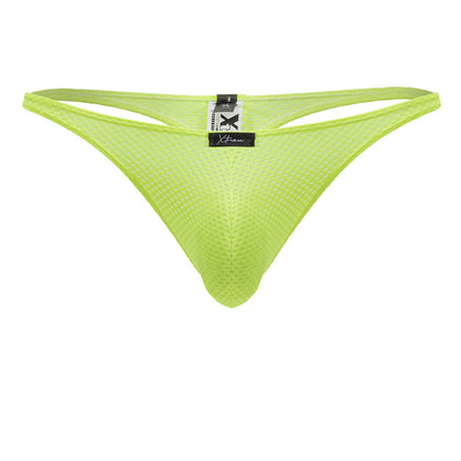 Bright neon green microfiber mesh thong with a black Xtremen brand tag shown from the back side