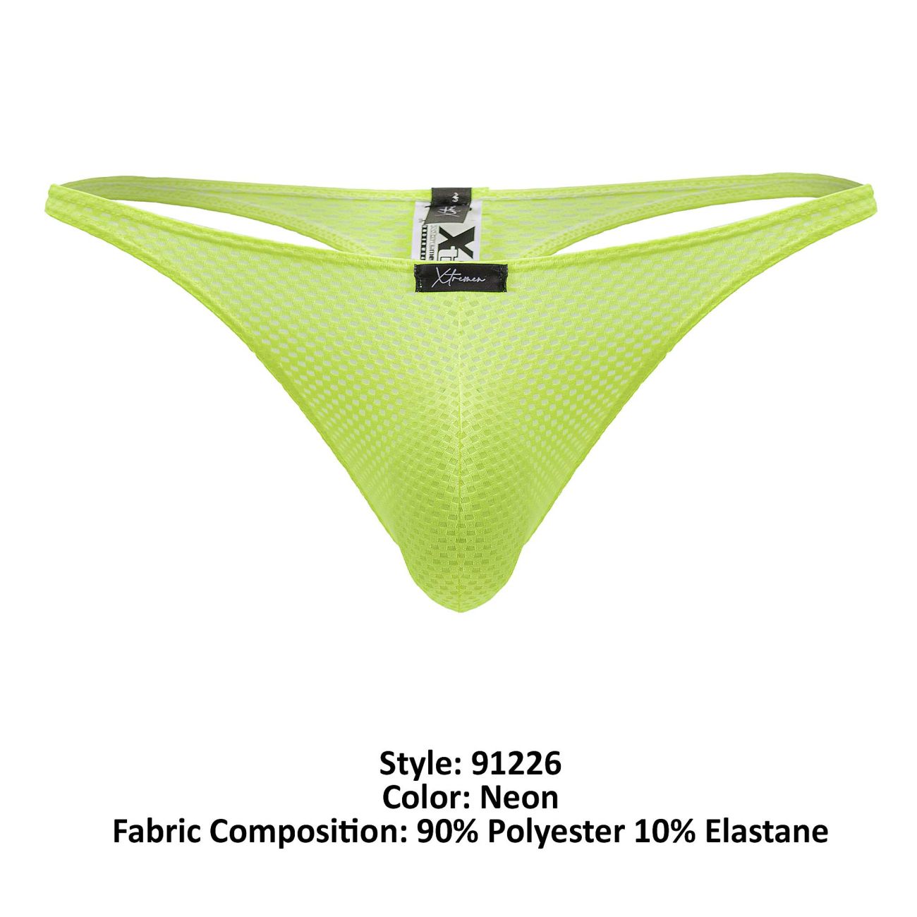 Back view of xtremen 91226 microfiber thong in neon green mesh with black brand tag at the back