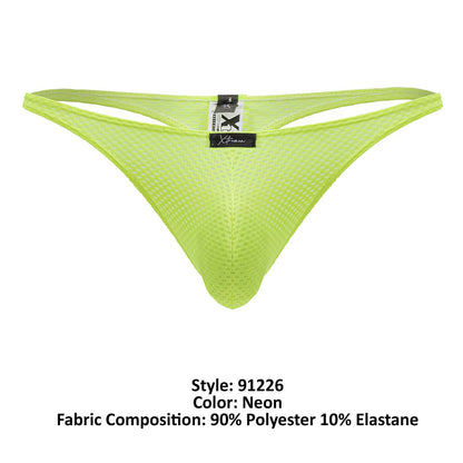 Back view of xtremen 91226 microfiber thong in neon green mesh with black brand tag at the back