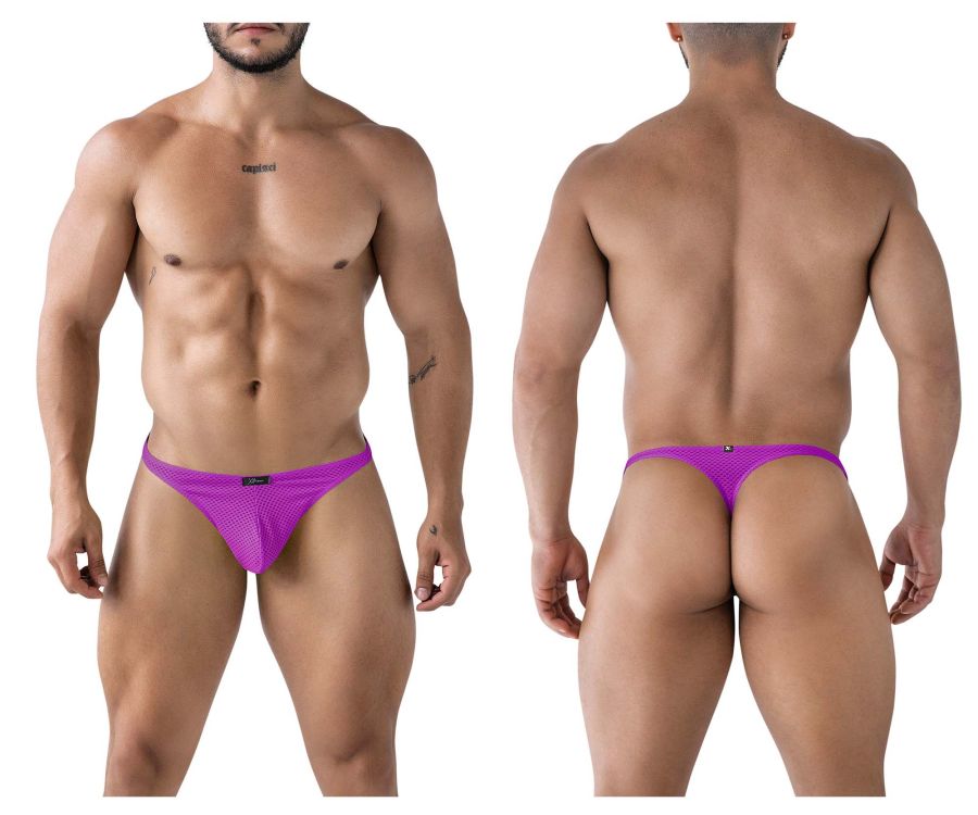 Vibrant purple xtremen 91226 microfiber thong with sleek form-fitting design showing back side view
