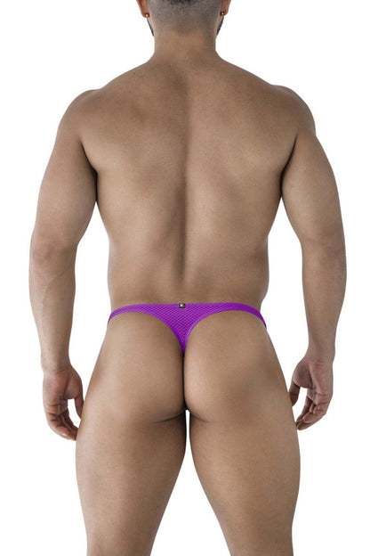 Back view of purple xtremen 91226 microfiber thong with mesh fabric and small metallic logo