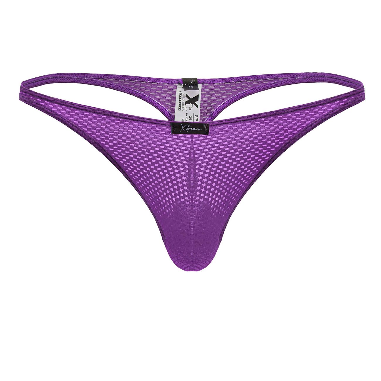 Purple xtremen 91226 microfiber thong with diamond-patterned mesh design and black brand tag visible from the back side