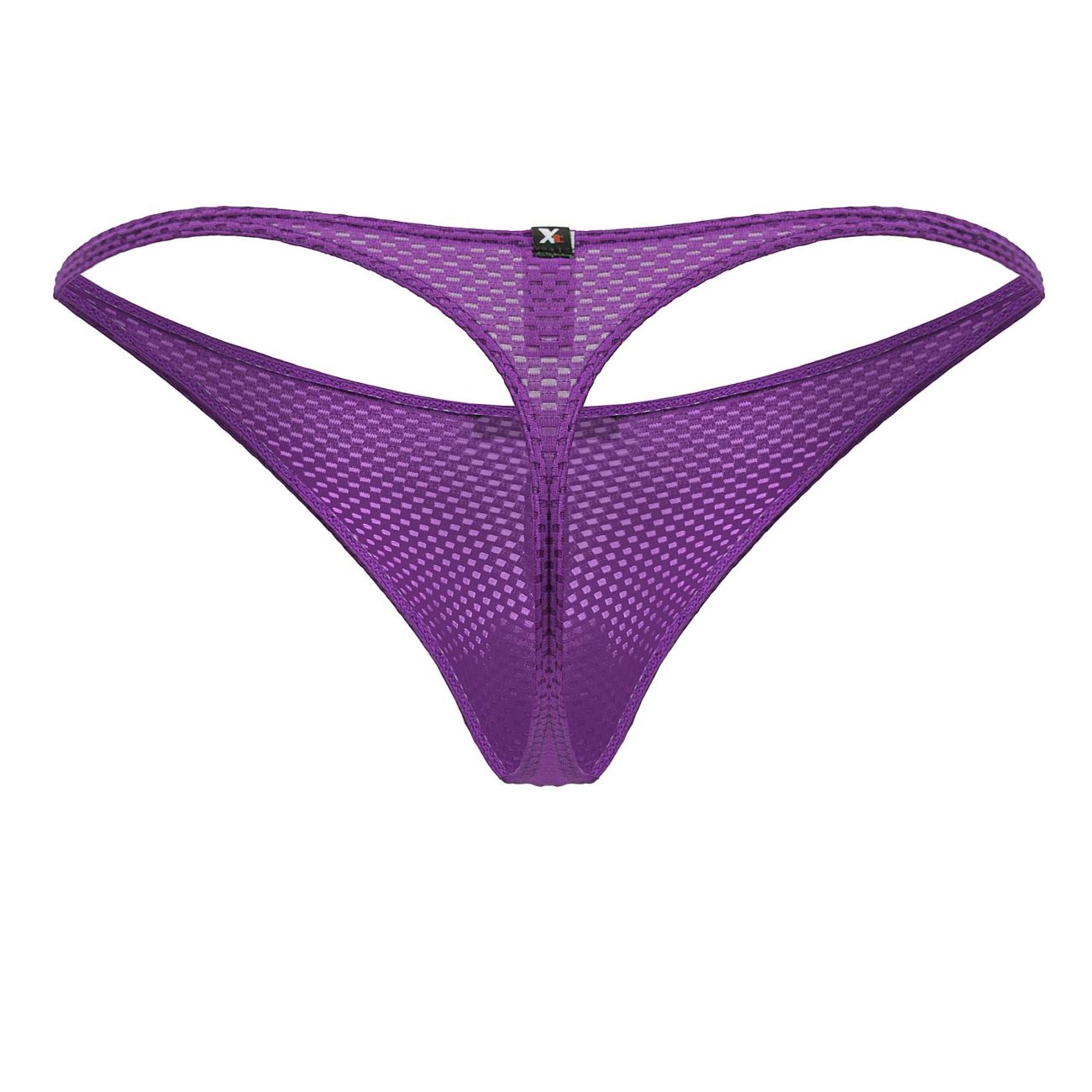 Purple xtremen 91226 microfiber thong with a distinctive grid pattern and thin supportive straps shown from the back