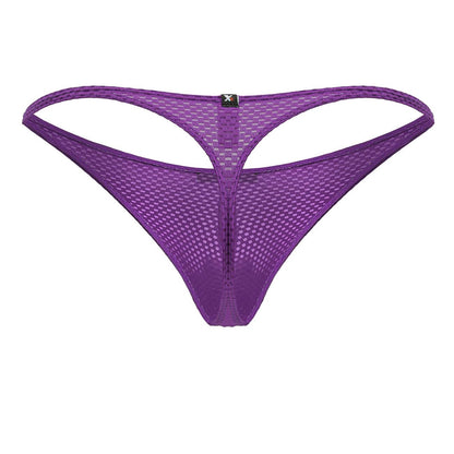 Purple xtremen 91226 microfiber thong with a distinctive grid pattern and thin supportive straps shown from the back