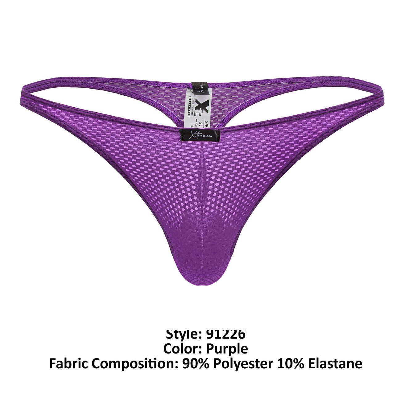 Purple xtremen 91226 microfiber thong with mesh grid pattern and elastic waistband shown from the back side